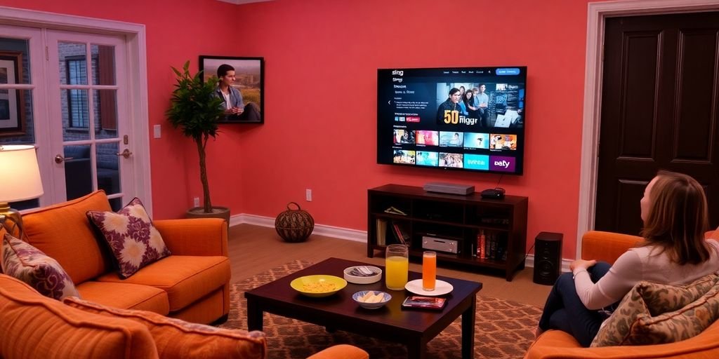 Living room with TV showing Sling TV interface.